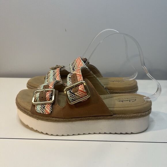 Clarks Platform‎ Wedge Sandal Slides Lana Beach Buckle Leather Multicolor Size 9 - Picture 1 of 10